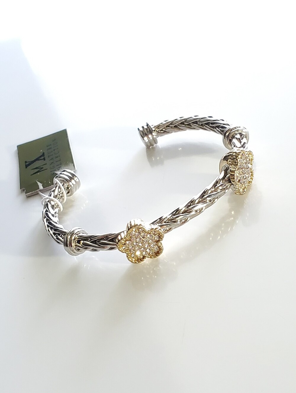 Gold & Silver Flower Crystal Cable Cuff Bracelet